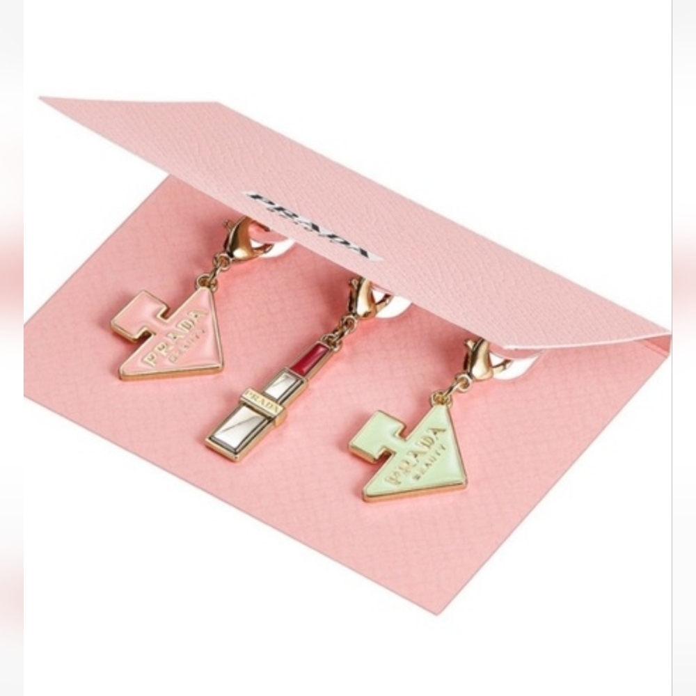 Prada Beauty Women 3 pcs Small Bag Bottle, Lipstick Charm Set Key Chain New
